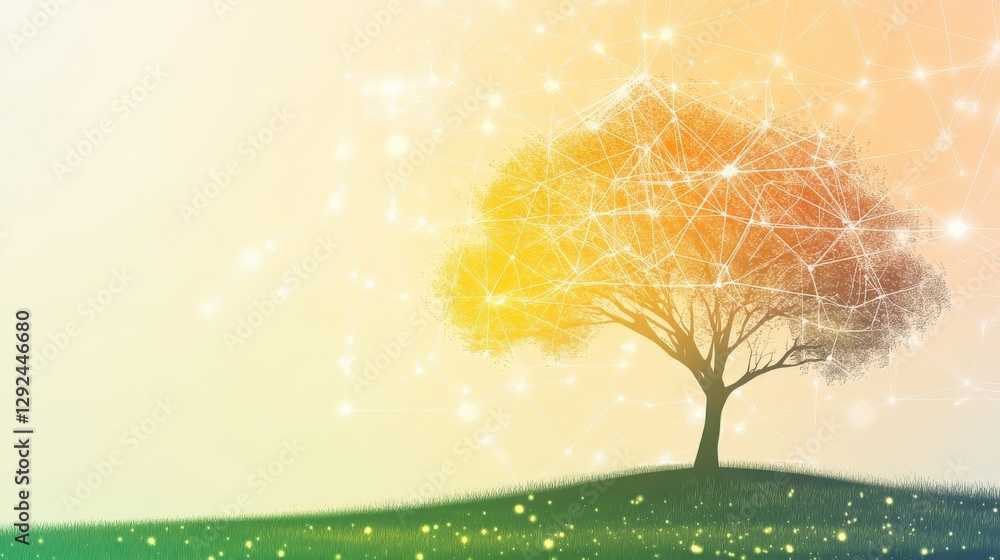 Poster abstract representation of a tree with a glowing network design against a soft gradient background