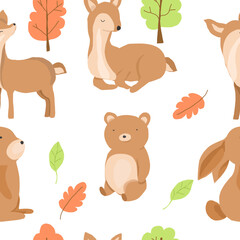 Fototapeta premium Cute Autumn Animal Cartoon Seamless Pattern
