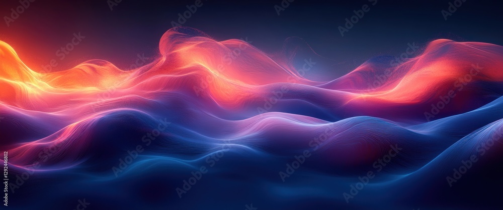 Poster abstract digital wave line pattern with glowing particles and neon lights on dark blue background