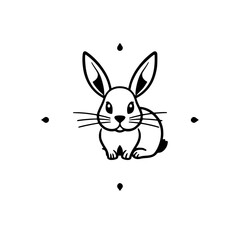 Black and white illustration of a rabbit with four waterdrop-shaped decorations and a white background.