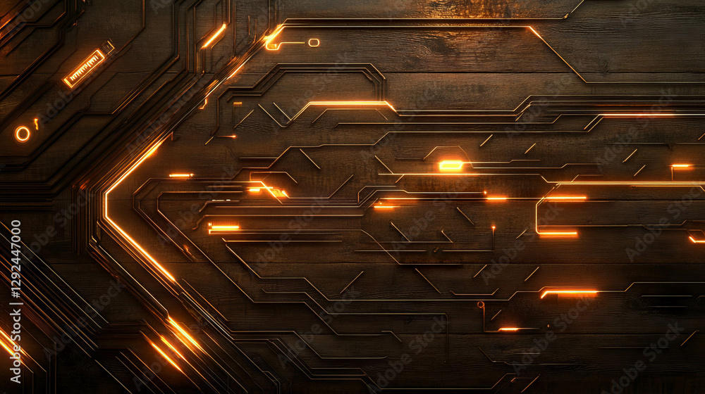 Poster futuristic circuitry on wooden texture with glowing lines for technology design
