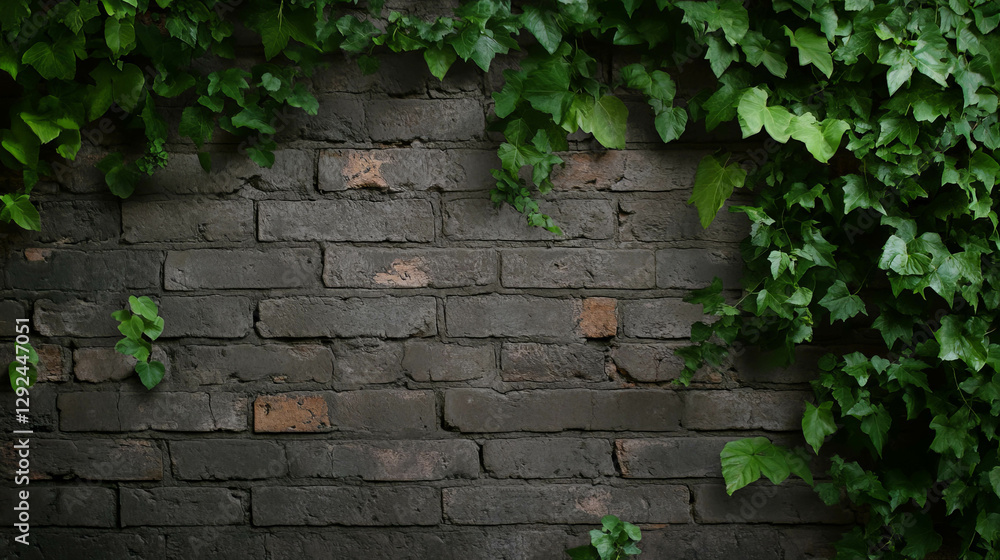 Poster rustic brick wall with overgrown greenery for textured background design