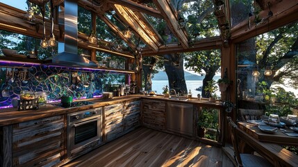 Naklejka premium Treetop kitchen with ocean view, sunrise, wooden design