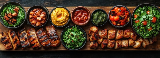 Fototapeta premium Summer BBQ Picnic Food Spread Grilled Meats Salads Burgers Snacks Top View Wooden Table Vibrant Colors