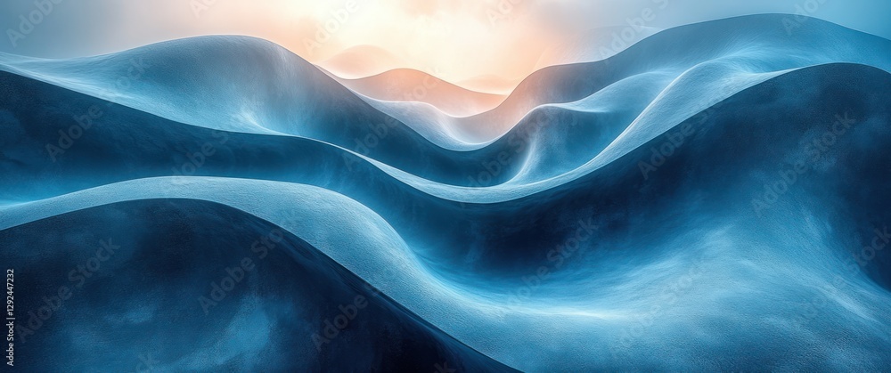 Poster abstract digital art minimalist design with smooth curves in deep teal and navy colors illuminated b