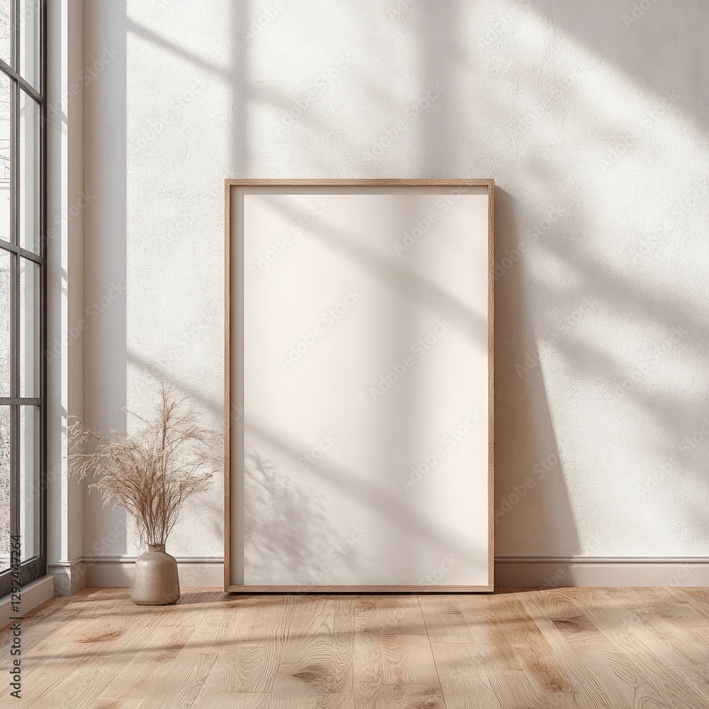 Poster minimalist poster frame mockup with wooden frame and blank canvas on warm wood floor