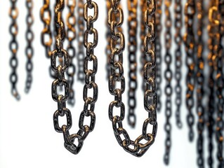 Fototapeta premium Cascading Chains Isolated on White Background Textured Metal Links High Contrast Lighting