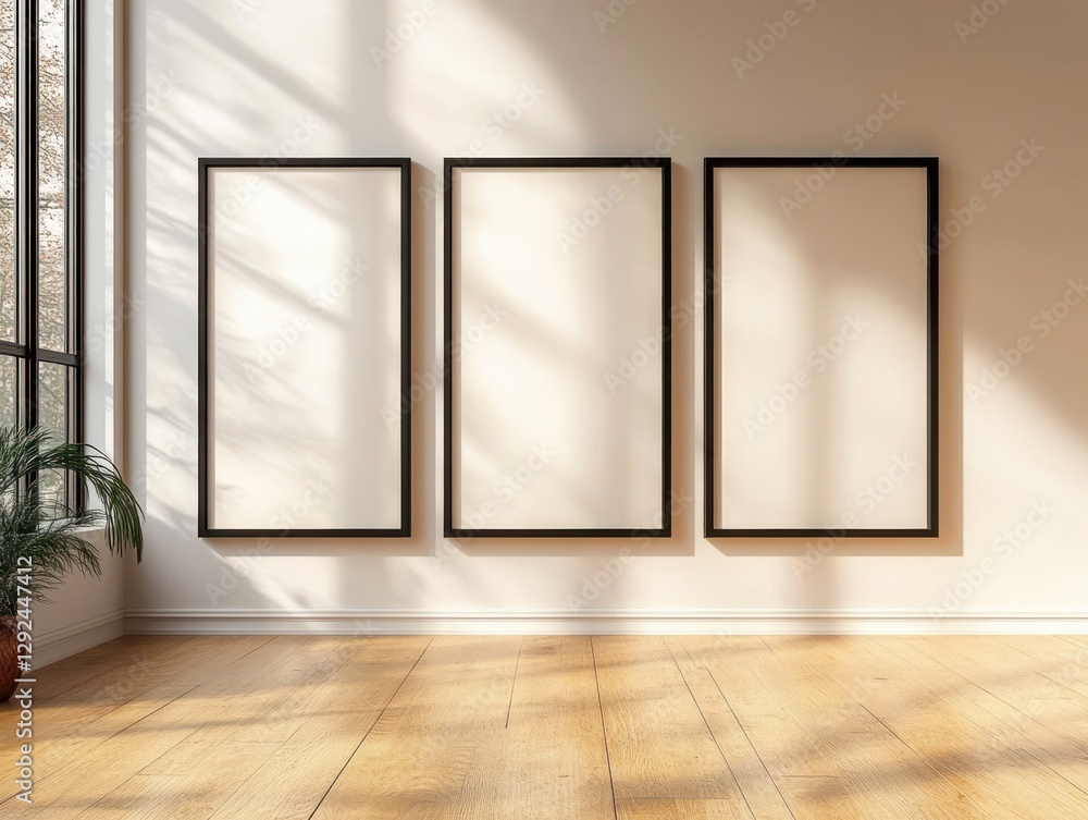 Poster minimalist black frames scene with natural light and wooden floor 3d rendering