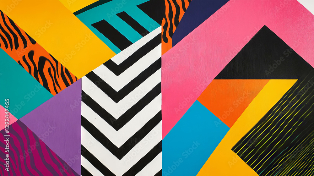 Poster vibrant abstract art with zigzag lines and bold color blocks for creative design