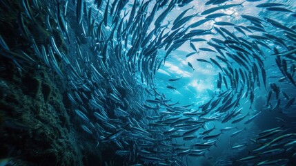 Ocean's Vortex: A mesmerizing underwater spectacle of schooling fish swirling in a captivating dance.