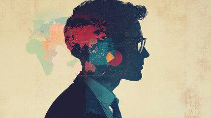 A double exposure of a business leader's profile featuring a world map and pie charts, symbolizing global reach and market share growth.