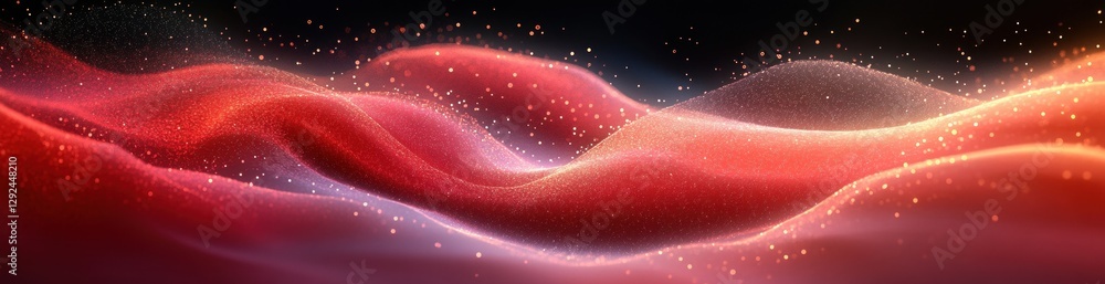 Poster abstract red digital art with flowing waves and light patterns in futuristic technology background
