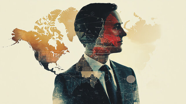 A double exposure of a business leader's profile featuring a world map and pie charts, symbolizing global reach and market share growth.