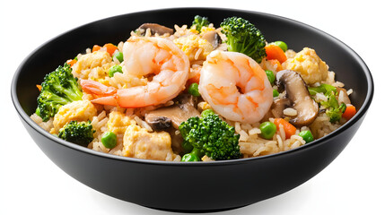 A black bowl of food with shrimp, broccoli, and rice