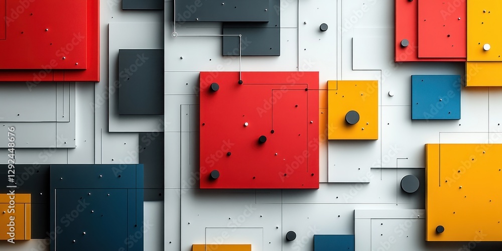 Poster abstract geometric technology design with red yellow and blue shapes and soft shadows on white backg