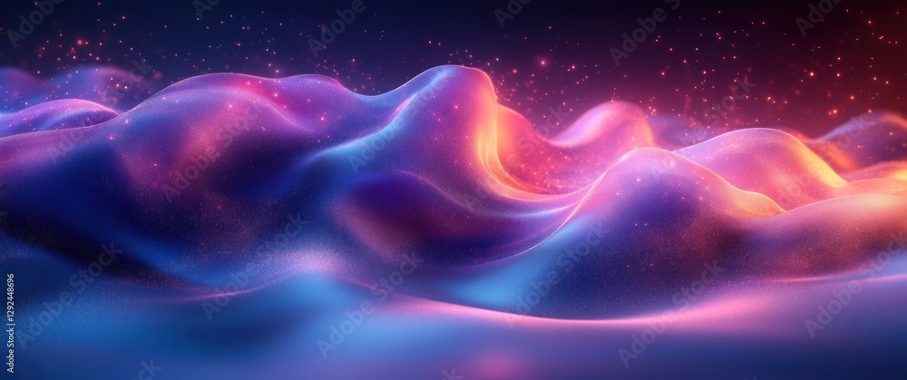 Poster abstract digital waves motion pattern with glowing light and particle dots on dark blue background
