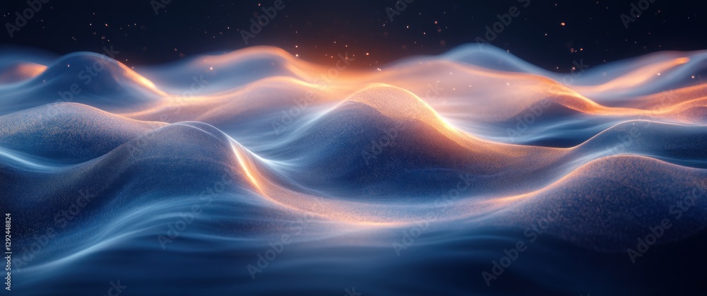 Fototapete abstract digital technology background with flowing blue waves and luminescent light in minimalist s
