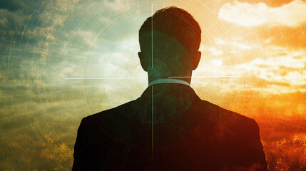 A double exposure of a businessman with a radar screen overlay showing strengths, weaknesses, opportunities, and threats, symbolizing SWOT analysis for business growth and risk assessment.