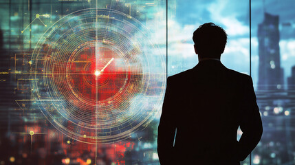 A double exposure of a businessman with a radar screen overlay showing strengths, weaknesses, opportunities, and threats, symbolizing SWOT analysis for business growth and risk assessment.