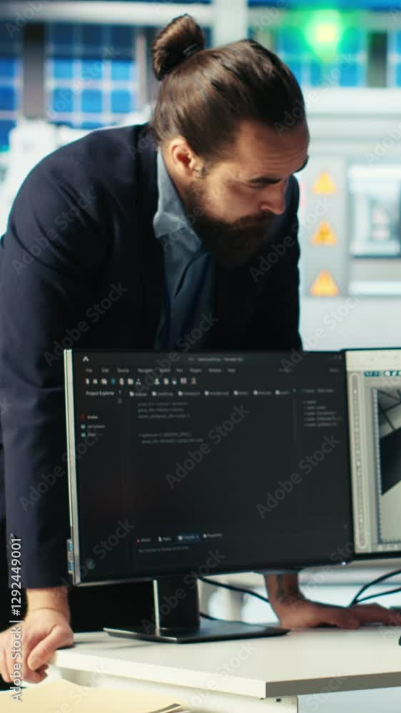 Aufkleber vertical video photovoltaics factory system administrator coding, presenting progress to manager. so