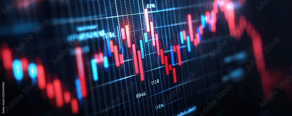 Poster a colorful financial graph displaying fluctuating market trends with red and blue candlestick patter