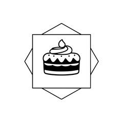 Cake icon with a sweet topping, nested inside a black and white diamond-shaped frame.