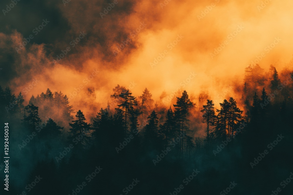 Poster flames engulf a forest as thick smoke billows into the sky creating a dramatic and urgent atmosphere