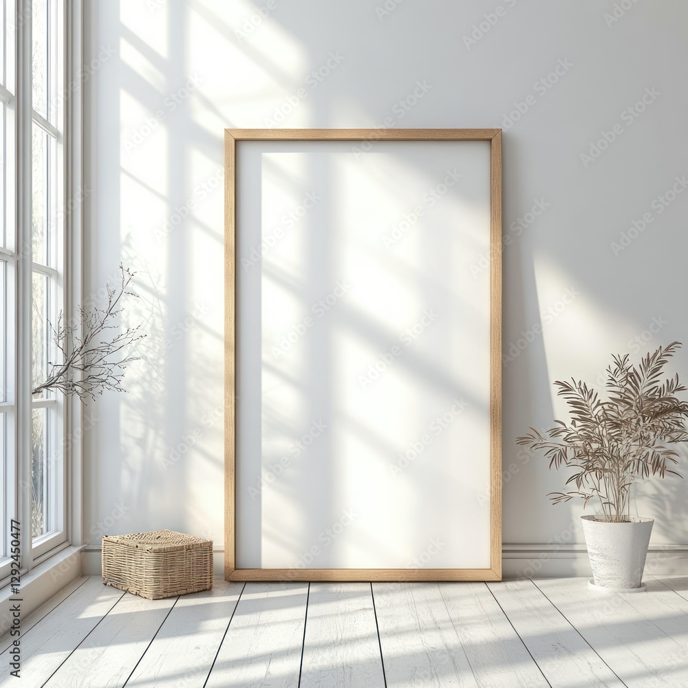 Poster minimalist wooden frame mockup on white floor with soft natural light in scandinavian style