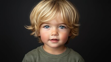 Naklejka premium A young child with tousled blond hair and striking blue eyes stands confidently. The soft lighting highlights their innocent expression and youthful charm, creating a captivating moment