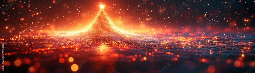 Poster futuristic christmas tree with circuit patterns in vibrant red and gold