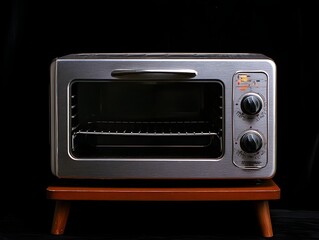 Obraz premium Stylish modern toaster oven on a wooden stand with a black backdrop, ideal for culinary use
