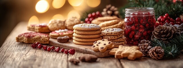 Christmas Holiday Cookies Desserts Hot Chocolate Table Top View Assortment of Treats on Rustic Wooden Background