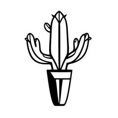 A stylized vector illustration of a cactus in a pot, bold, black lines on a white background.