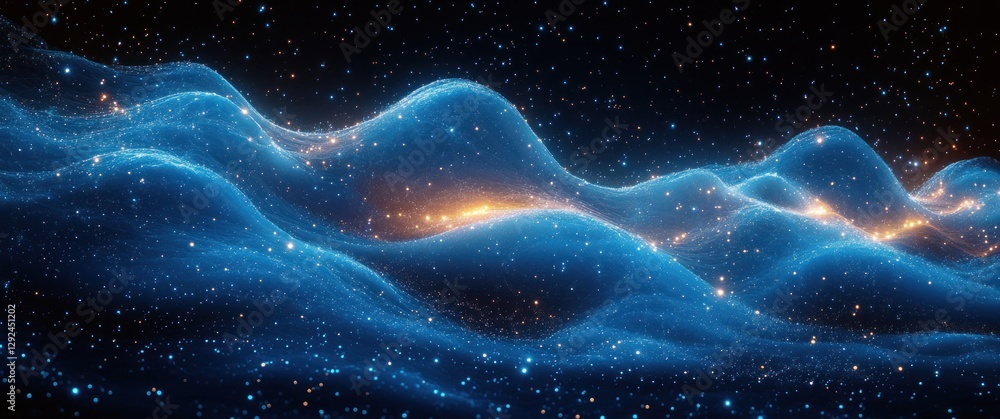 Poster futuristic abstract network connection design with blue dots and flowing lines in dark background te