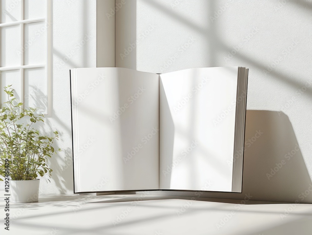 Poster minimalist open blank brochure mockup on soft white background with diffused lighting and elegant co