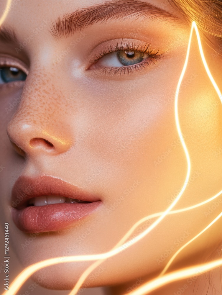 Aufkleber golden lines flow around young womans face, illustrating botox lifting effect for a fresh appearance