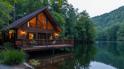 Obraz premium Lakeside cabin at dusk, mountain view, tranquil setting, vacation rental