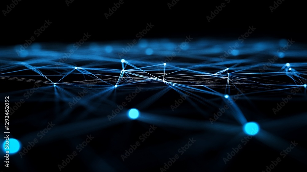 Poster abstract digital network with glowing blue nodes and connecting lines on black