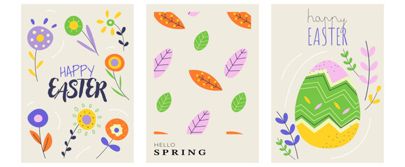 Set of vibrant Easter and spring posters featuring floral designs, colorful leaves, and decorative Easter eggs. Perfect for seasonal greetings, invitations, and festive decor