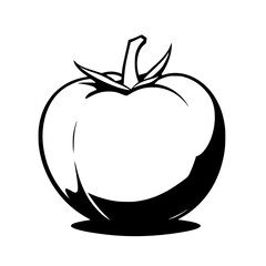 Boldly illustrated, isolated, stylized tomato in black and white, with black outlines and a minimalist style.