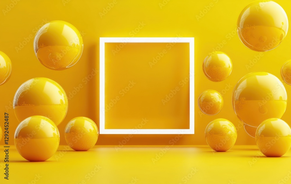 Poster minimalist abstract summer design with glowing square frame and floating yellow spheres