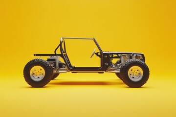 Offroad vehicle chassis showing the frame suspension and wheels on yellow backdrop