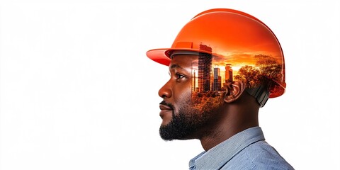 urban dreams: a double exposure of a construction worker and cityscape