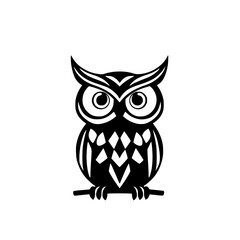 Black and white, minimalist illustration of an owl sitting on a branch, a stylized representation.