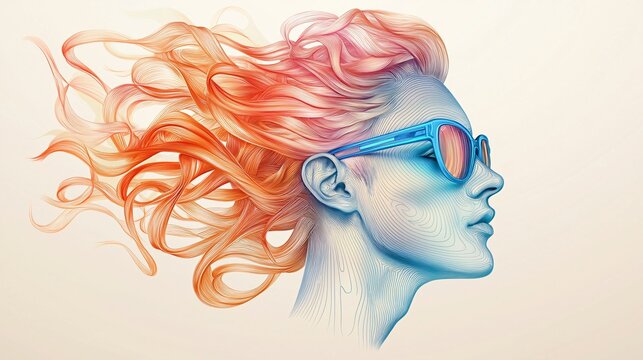 vibrant portrait of a stylish woman with flowing hair and sunglasses