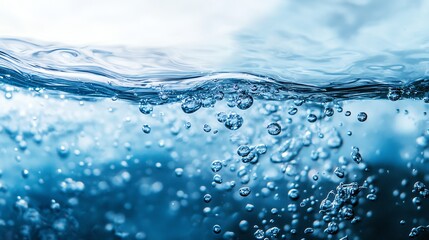 The image features clear blue water with bubbles rising, creating a serene and refreshing aquatic atmosphere.