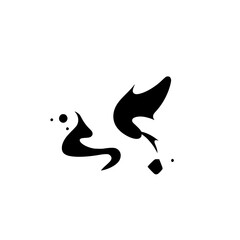 Abstract black and white image of a stylized stylized fish and ink splashes in a white background.