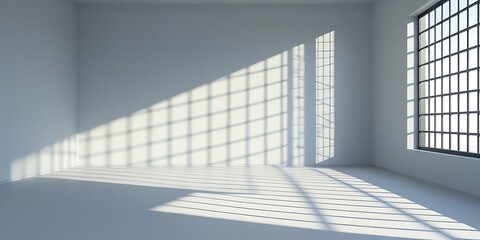 Obraz premium Minimalistic empty room with large glass block windows allowing natural light to cast geometric shadows on the floor. Modern architectural interior with clean white walls, perfect for backgrounds