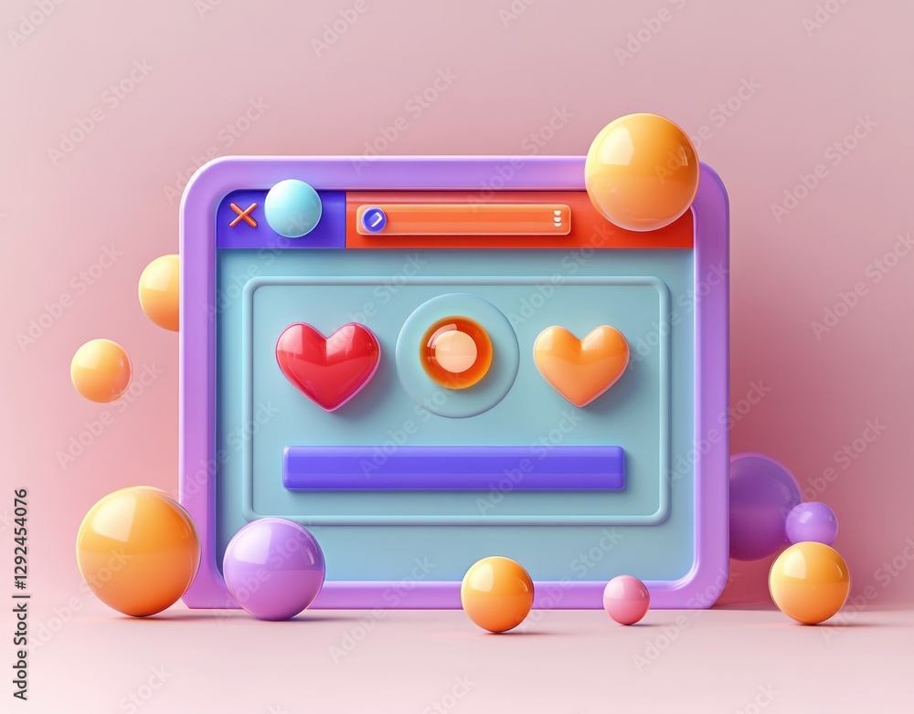 Poster 3d web browser interface with search bar and colorful shapes in minimalist design
