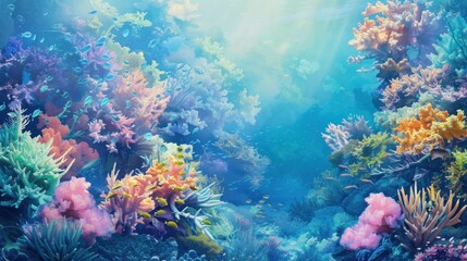 Naklejka premium Vibrant Underwater Coral Reef Paradise: A mesmerizing scene of colorful corals and diverse marine life thriving in a sunlit ocean